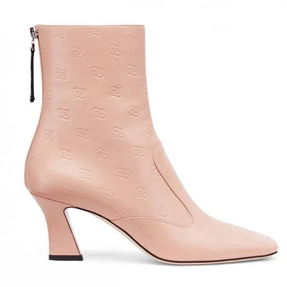 Fendi Ffreedom Karligraphy Blush Beige Leather Square Toe Ankle Boots. With